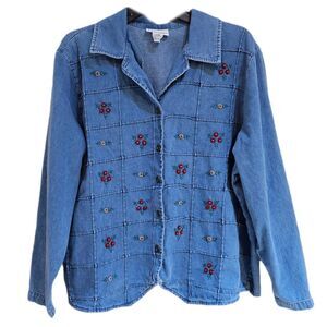 90s cottagecore boho embroidered floral denim shirt plus size